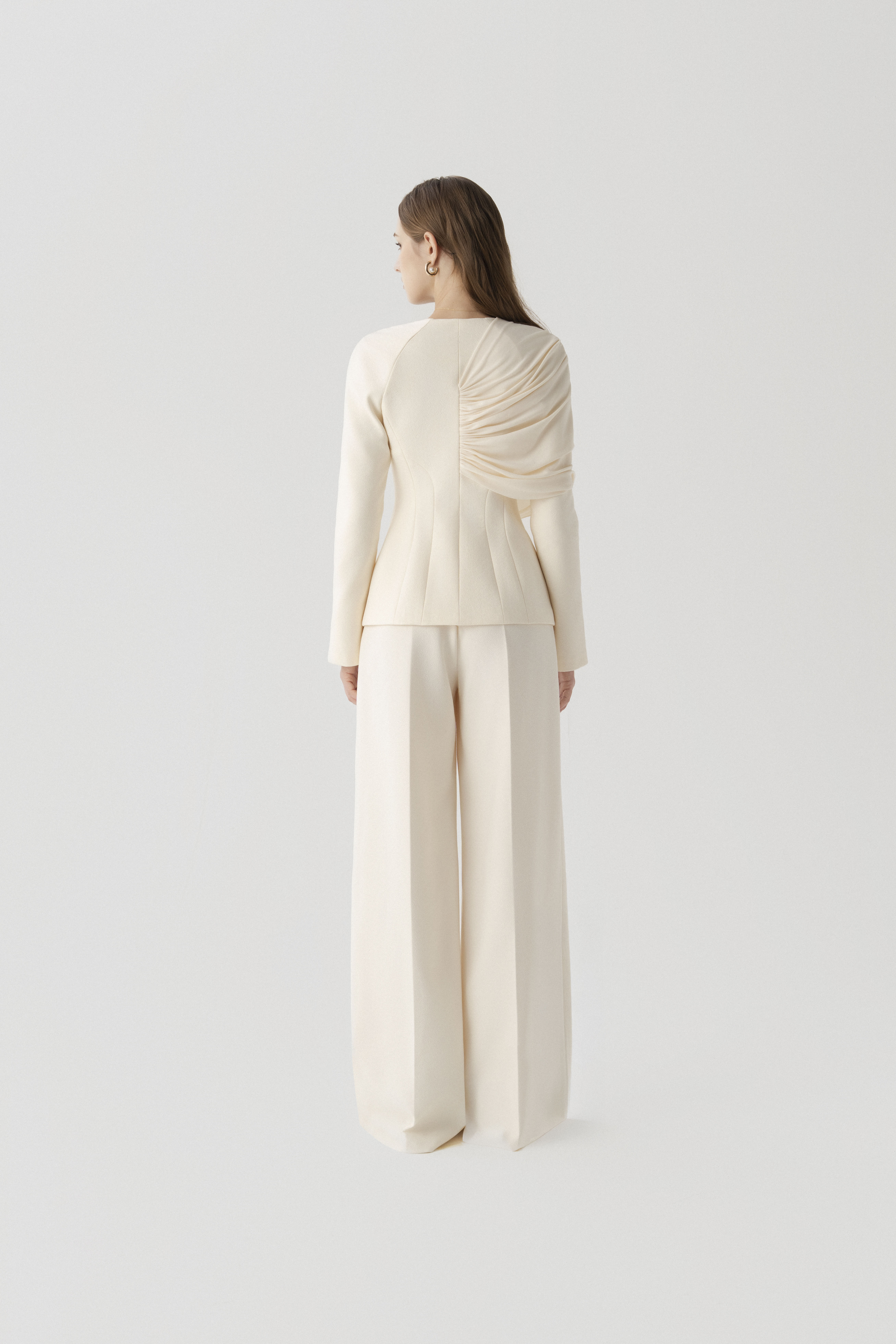 V-neck Draped Suit Cream Wide Leg Trousers