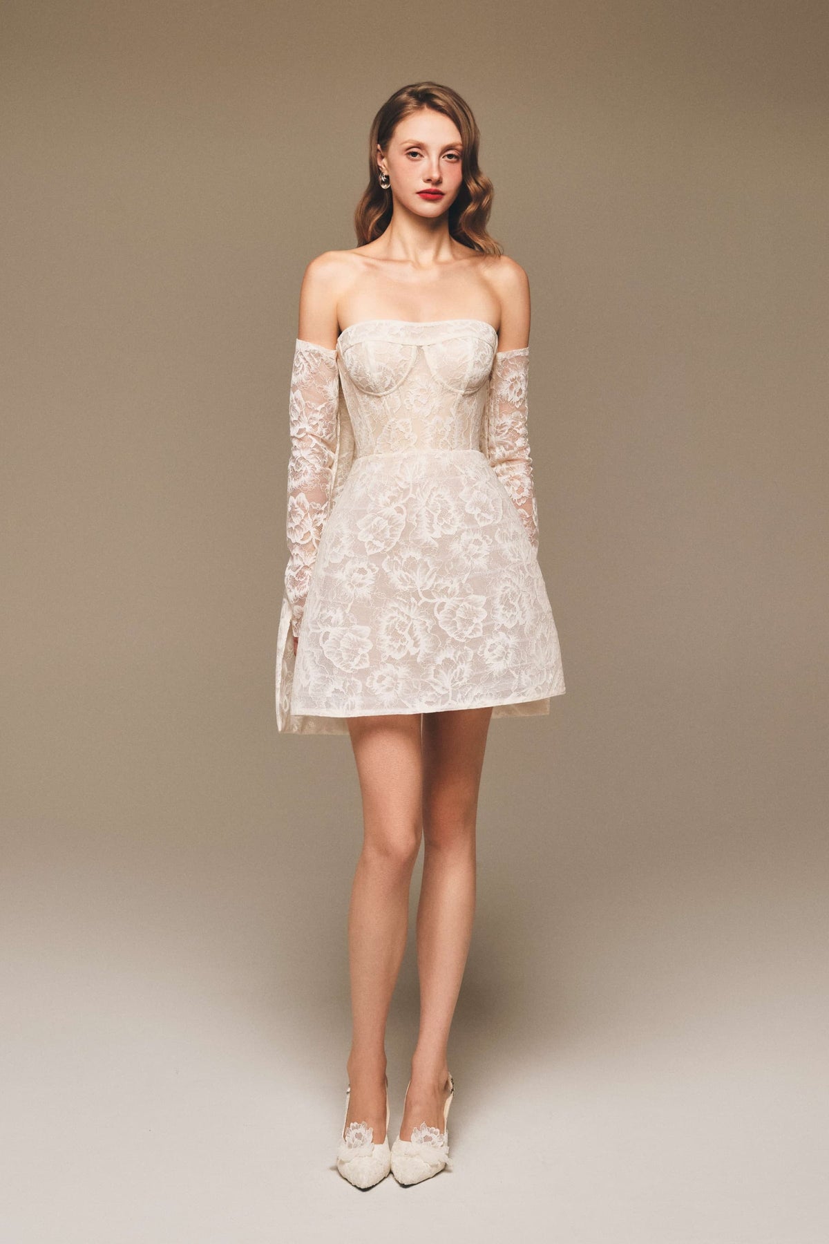 Off-Shoulder Fine Floral Lace Corset Mini Dress