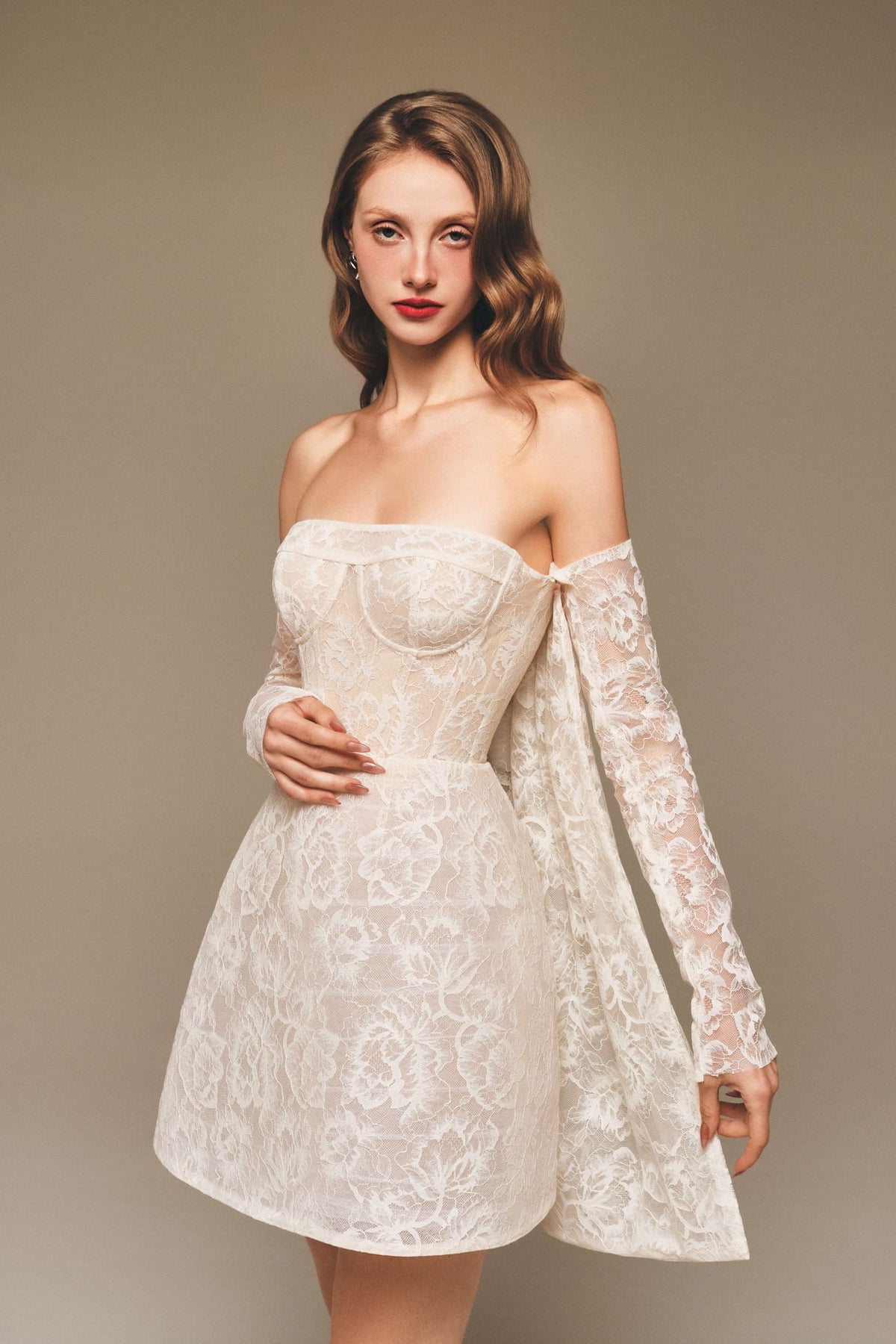 Off-Shoulder Fine Floral Lace Corset Mini Dress
