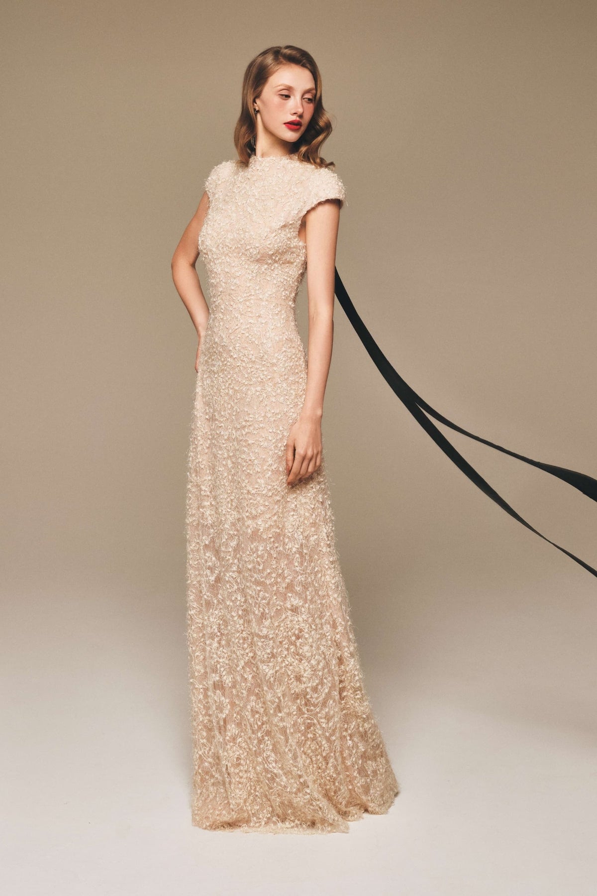 Draped Lace Open Back Bow Gown