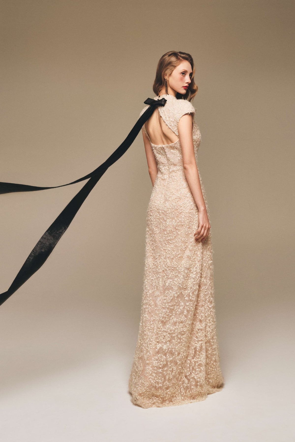 Draped Lace Open Back Bow Gown