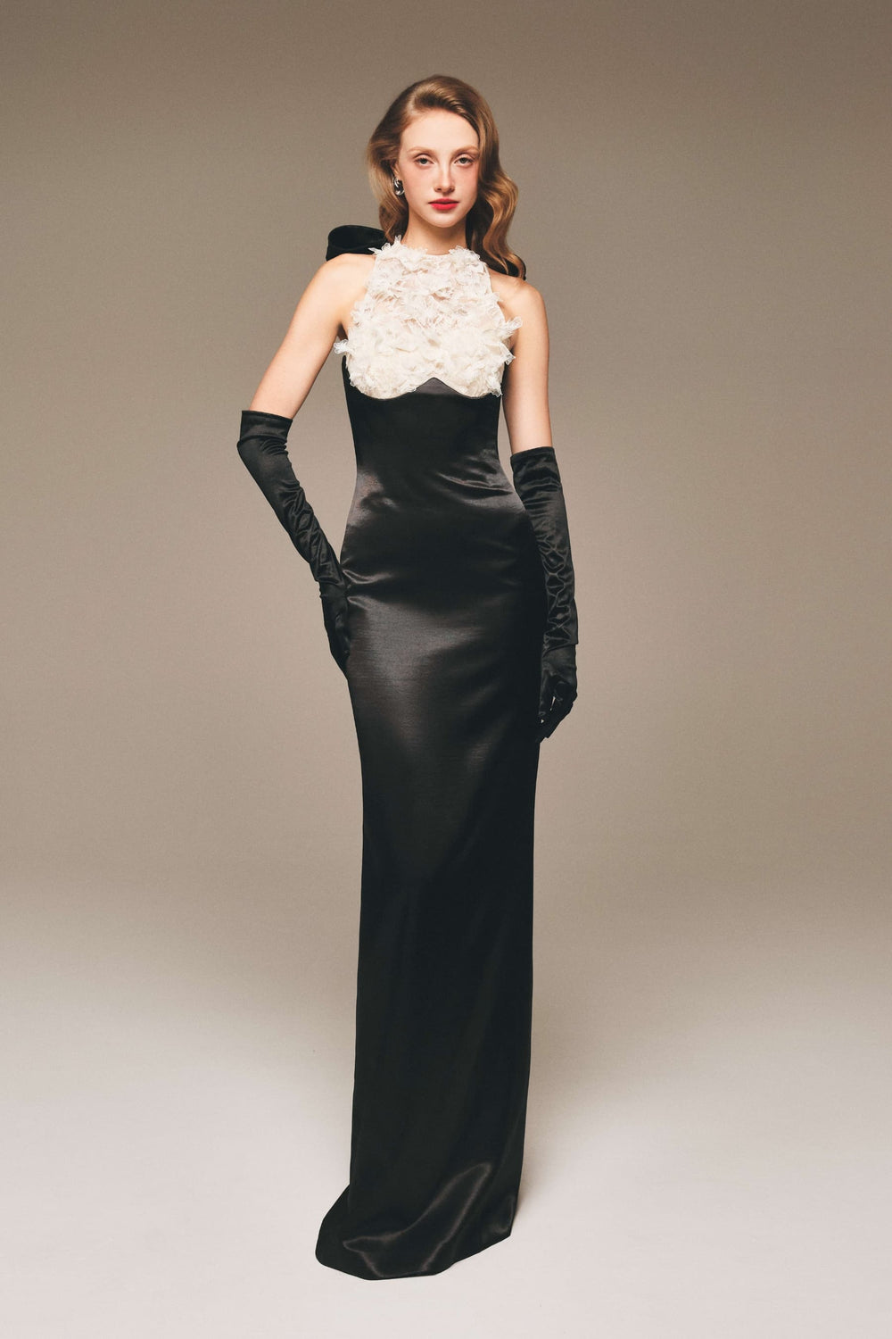 Floral Lace Panel Suzhou Silk Bow Gown