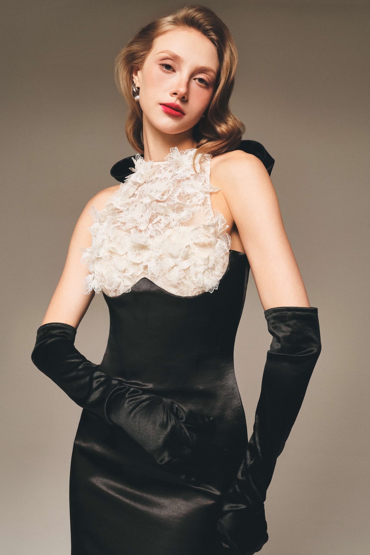 Floral Lace Panel Suzhou Silk Bow Gown