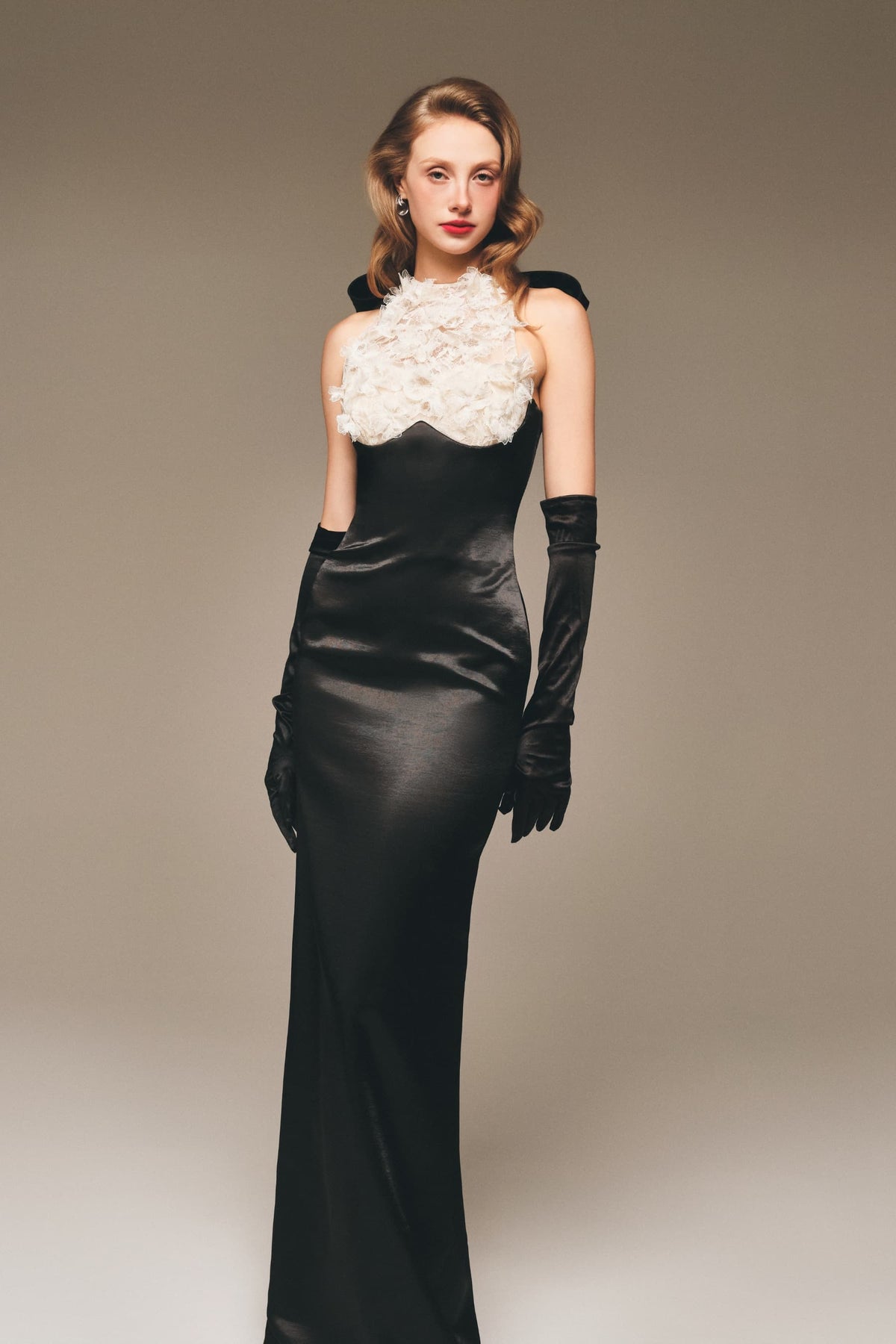 Floral Lace Panel Suzhou Silk Bow Gown