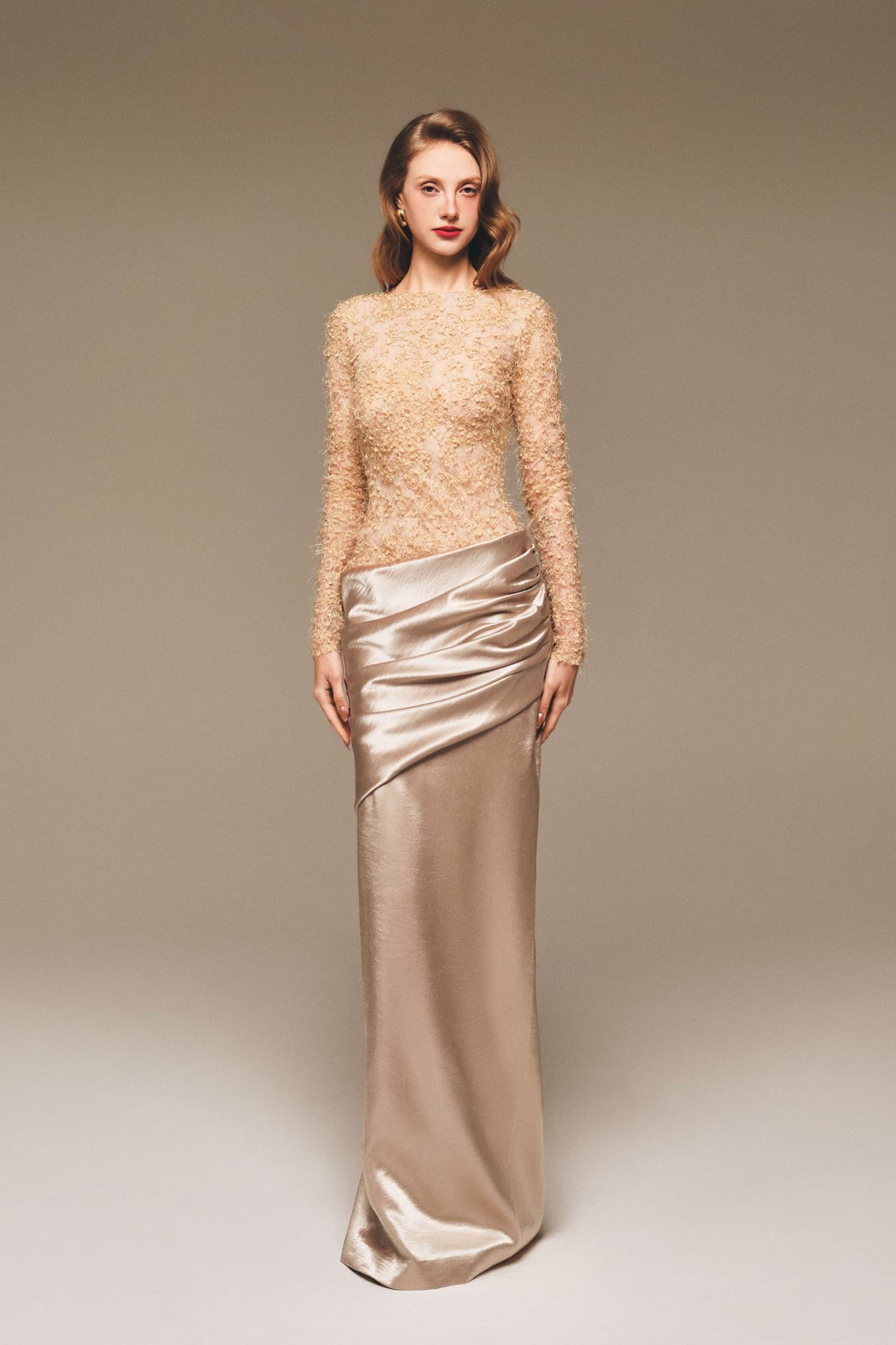 Lace Top Draped Twill Maxi Gown