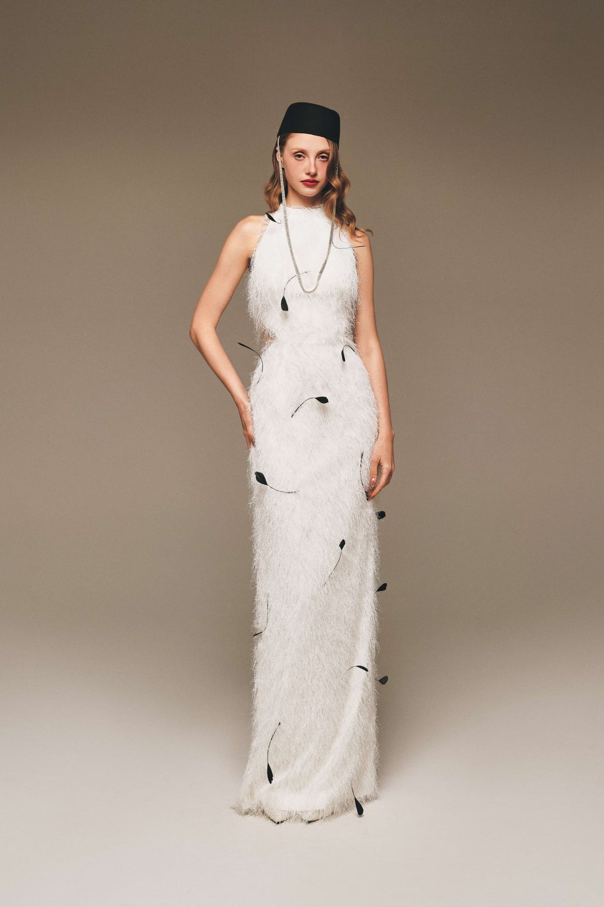Textured Feather Halter Maxi Gown