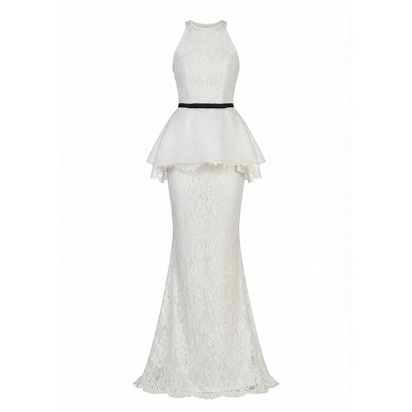 Ory Set – Lace Peplum Column Gown with Bow Belt
