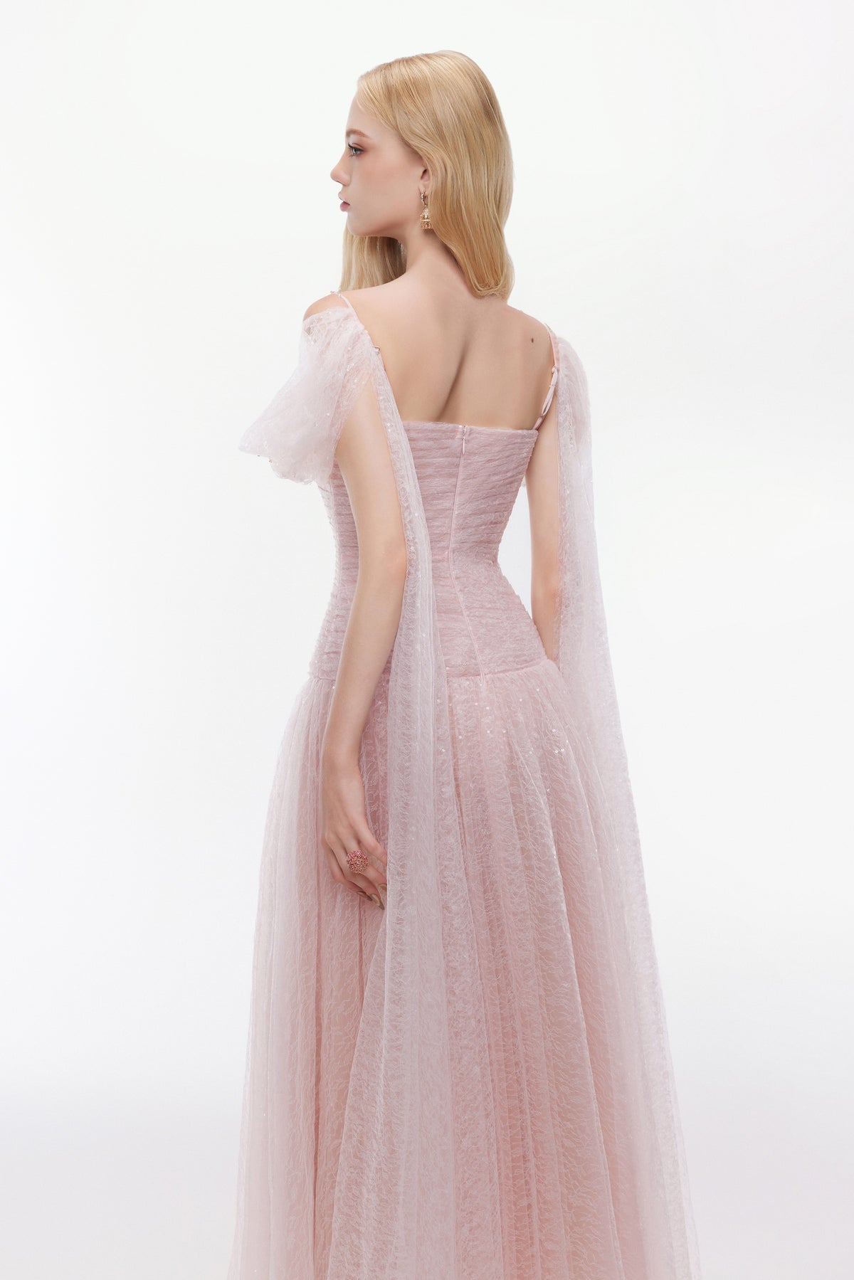 BLOSSOM DRESS by Joséphine in pink — Back view with trailing shoulder panels