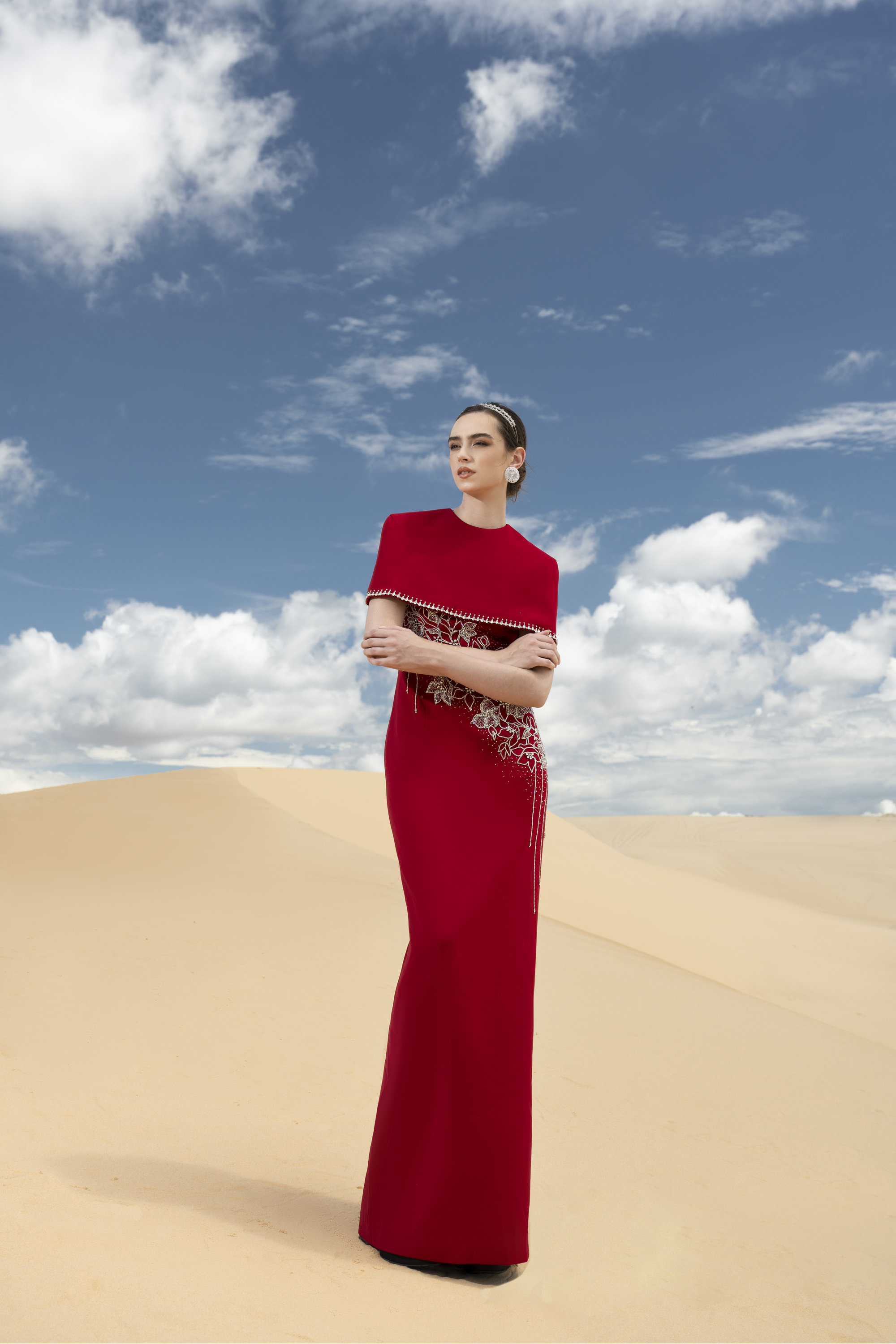 Floral Embellished Cape and Red Column Dress Set