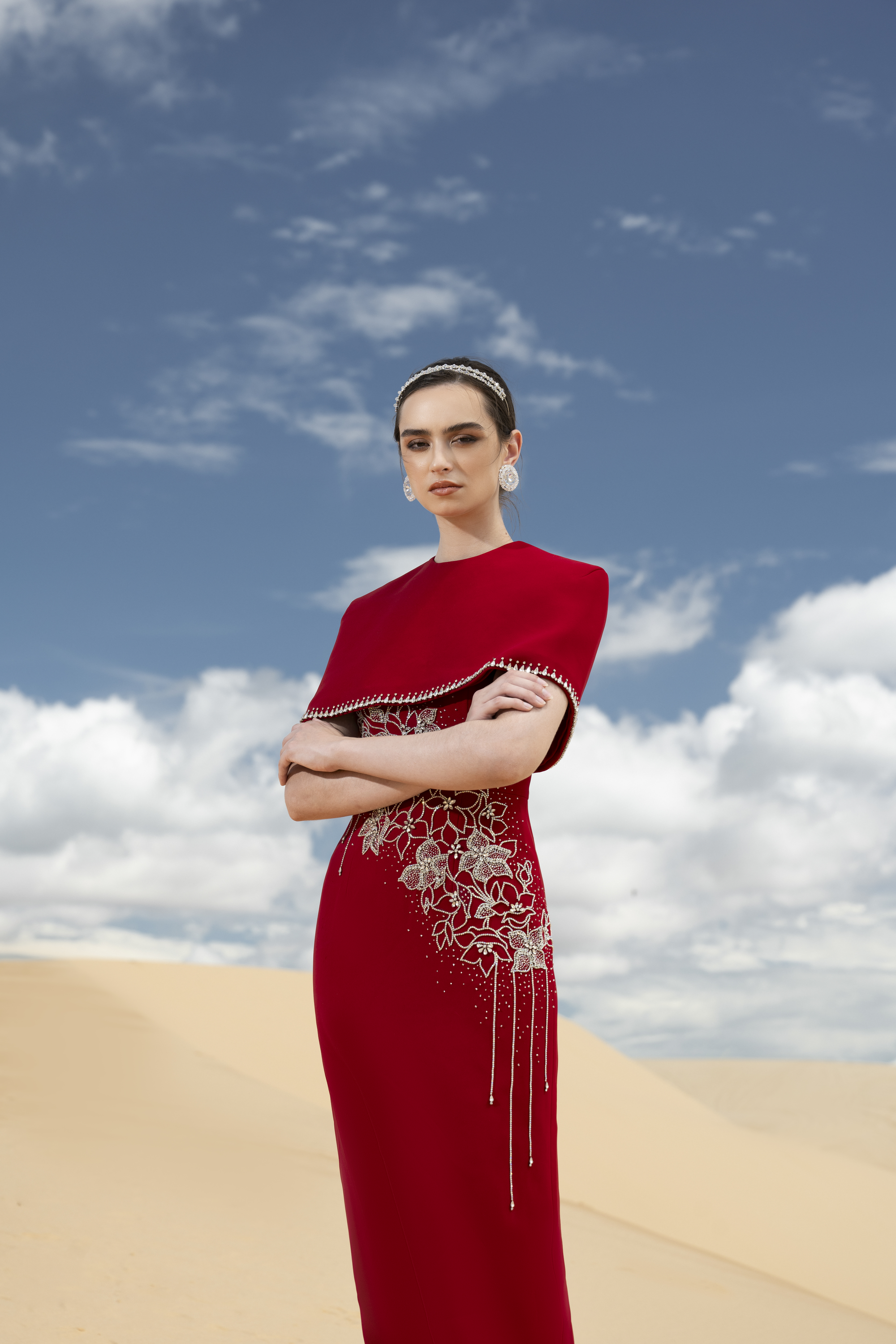 Floral Embellished Cape and Red Column Dress Set