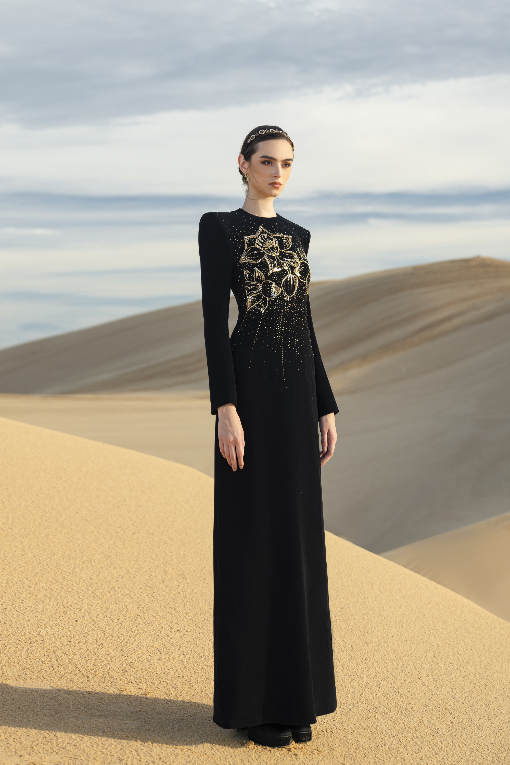 Floral Embellished Black Structured Maxi Gown - Black / S