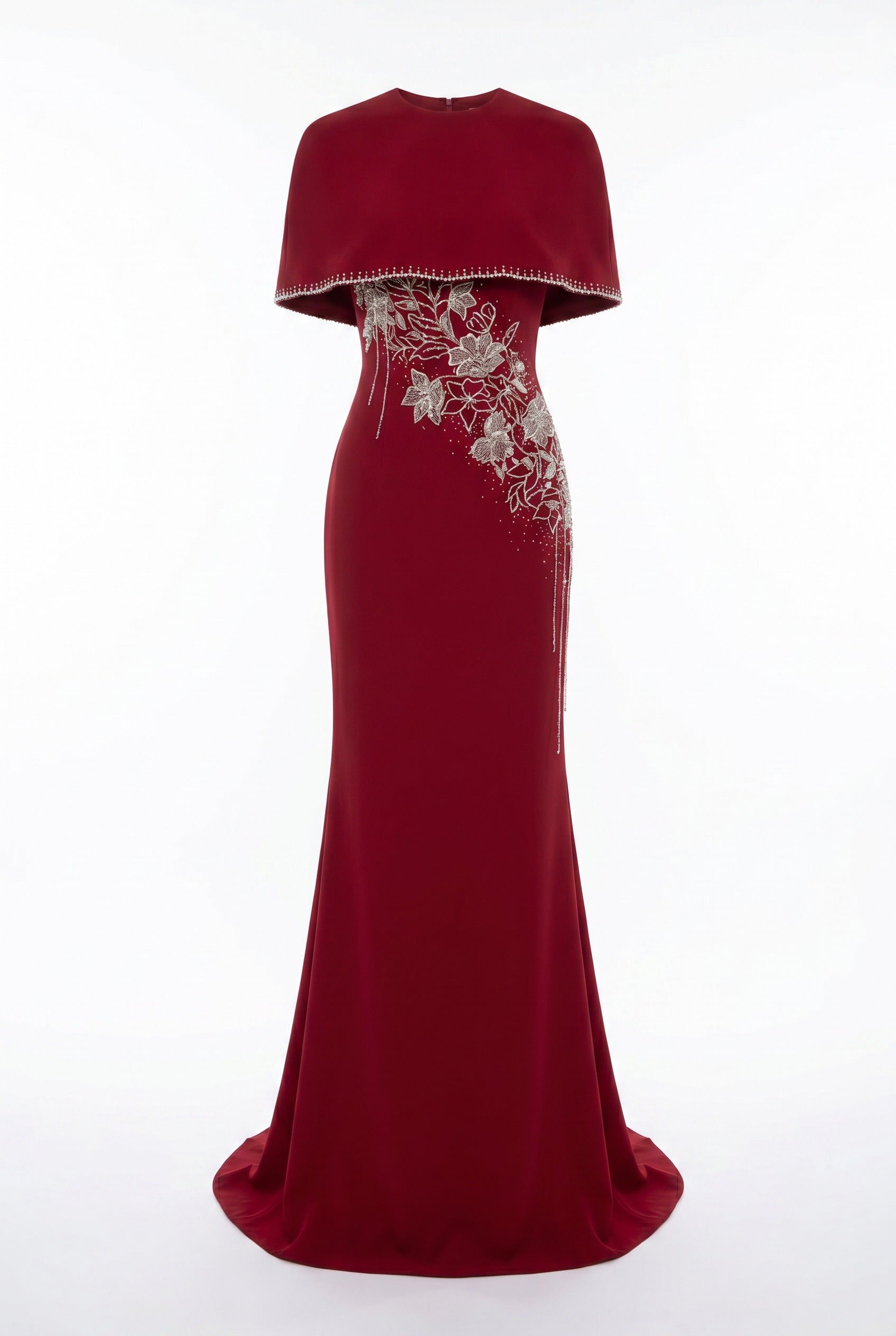 Floral Embellished Cape and Red Column Dress Set