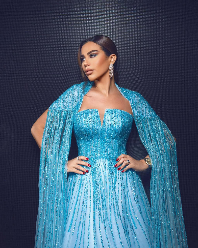 Nour Fathallah M1000 - Embellished Tulle Ball Gown with Cape Detail