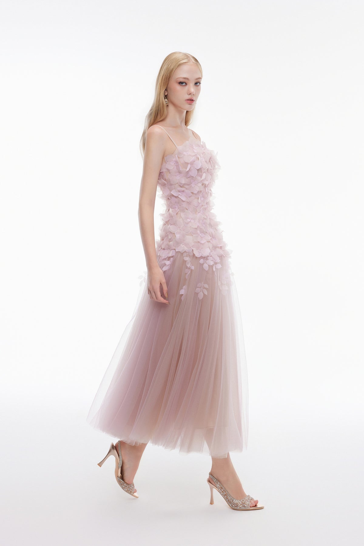 Joséphine DULCIE dress in LightPurple, floral appliqué and layered sheer skirt