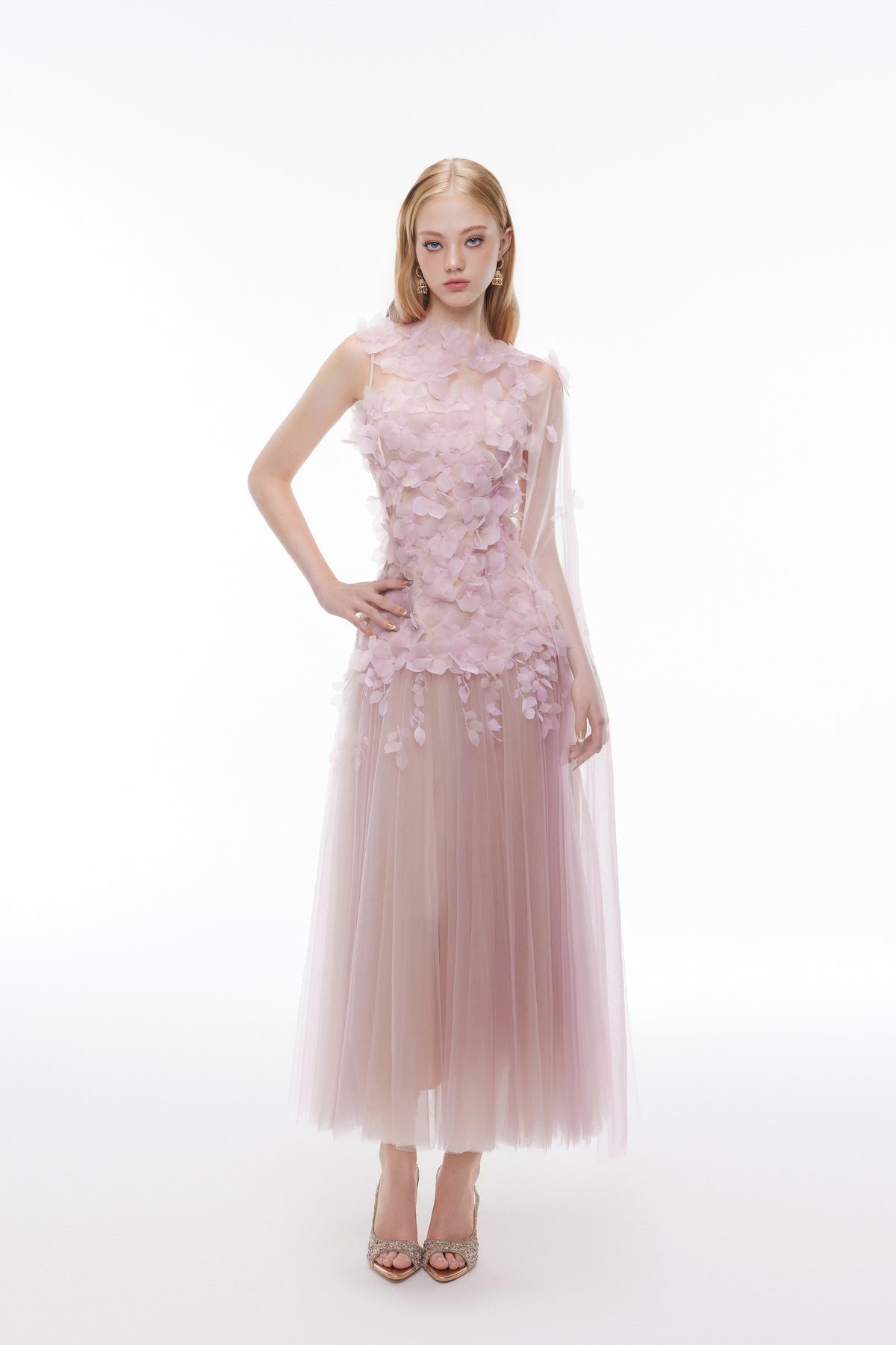 Joséphine DULCIE dress in LightPurple, floral appliqué and layered sheer skirt