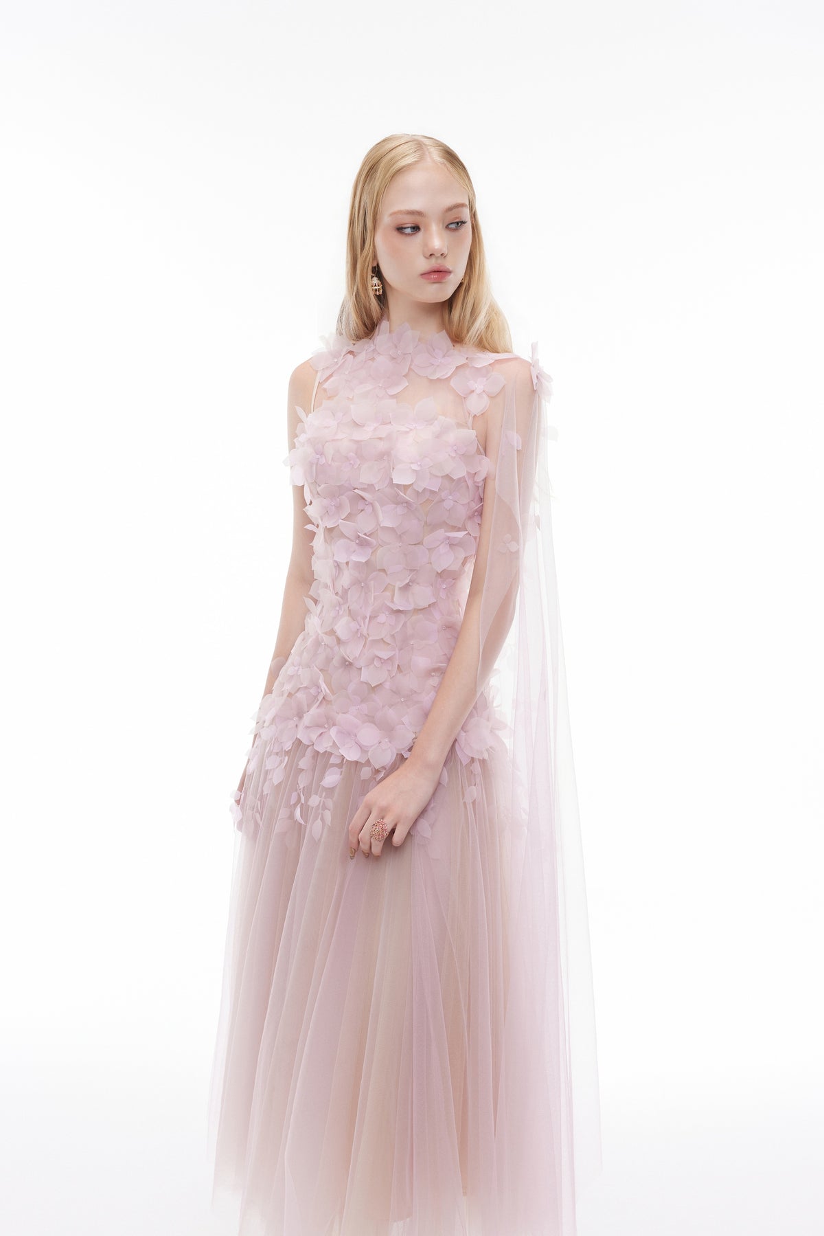 Joséphine DULCIE dress in LightPurple, floral appliqué and layered sheer skirt