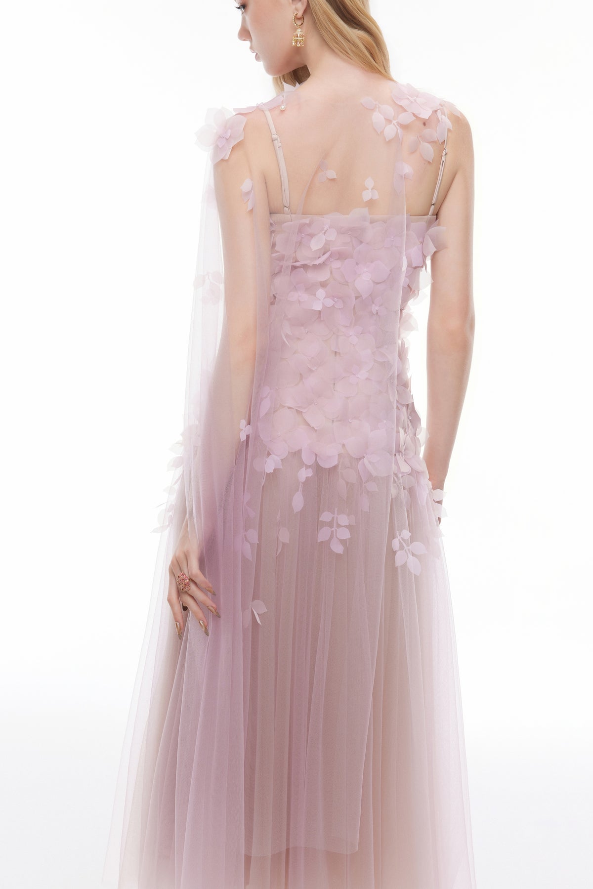 Joséphine DULCIE dress in LightPurple, floral appliqué and layered sheer skirt