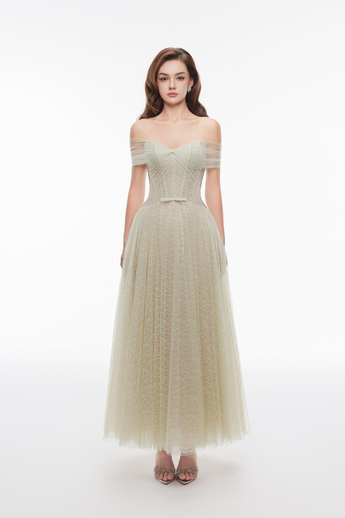 LEALIA DRESS by Joséphine in Mint, front view with off-shoulder neckline and flared skirt