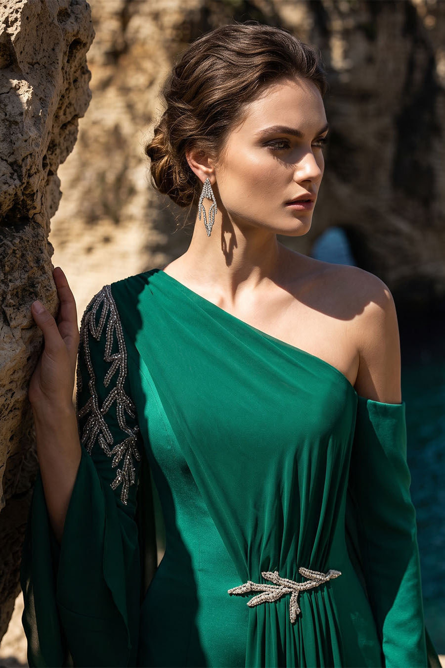 Li Beirut M1101 – One-Shoulder Column Gown with Cape & Gold Embroidery