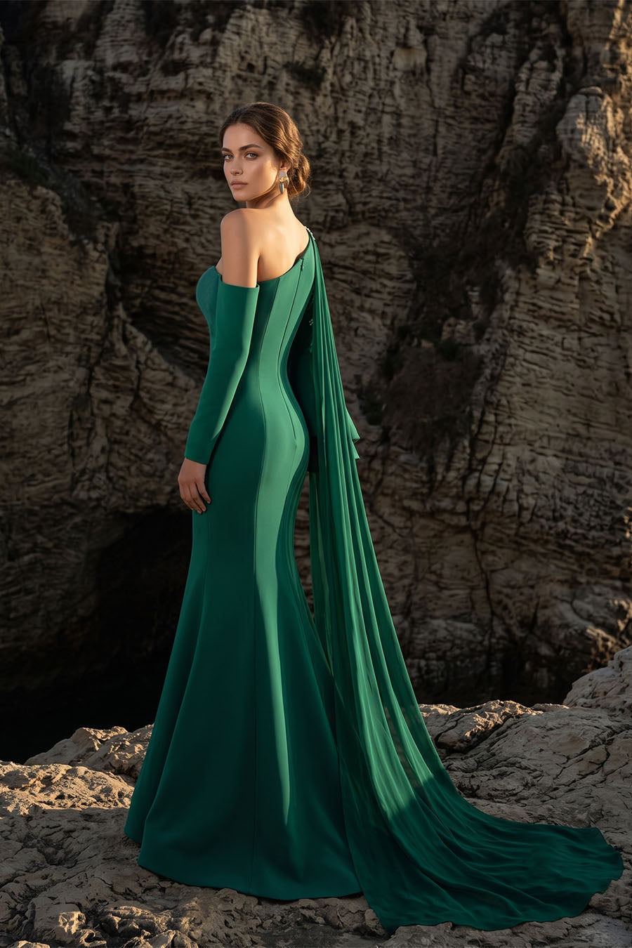 Li Beirut M1101 – One-Shoulder Column Gown with Cape & Gold Embroidery