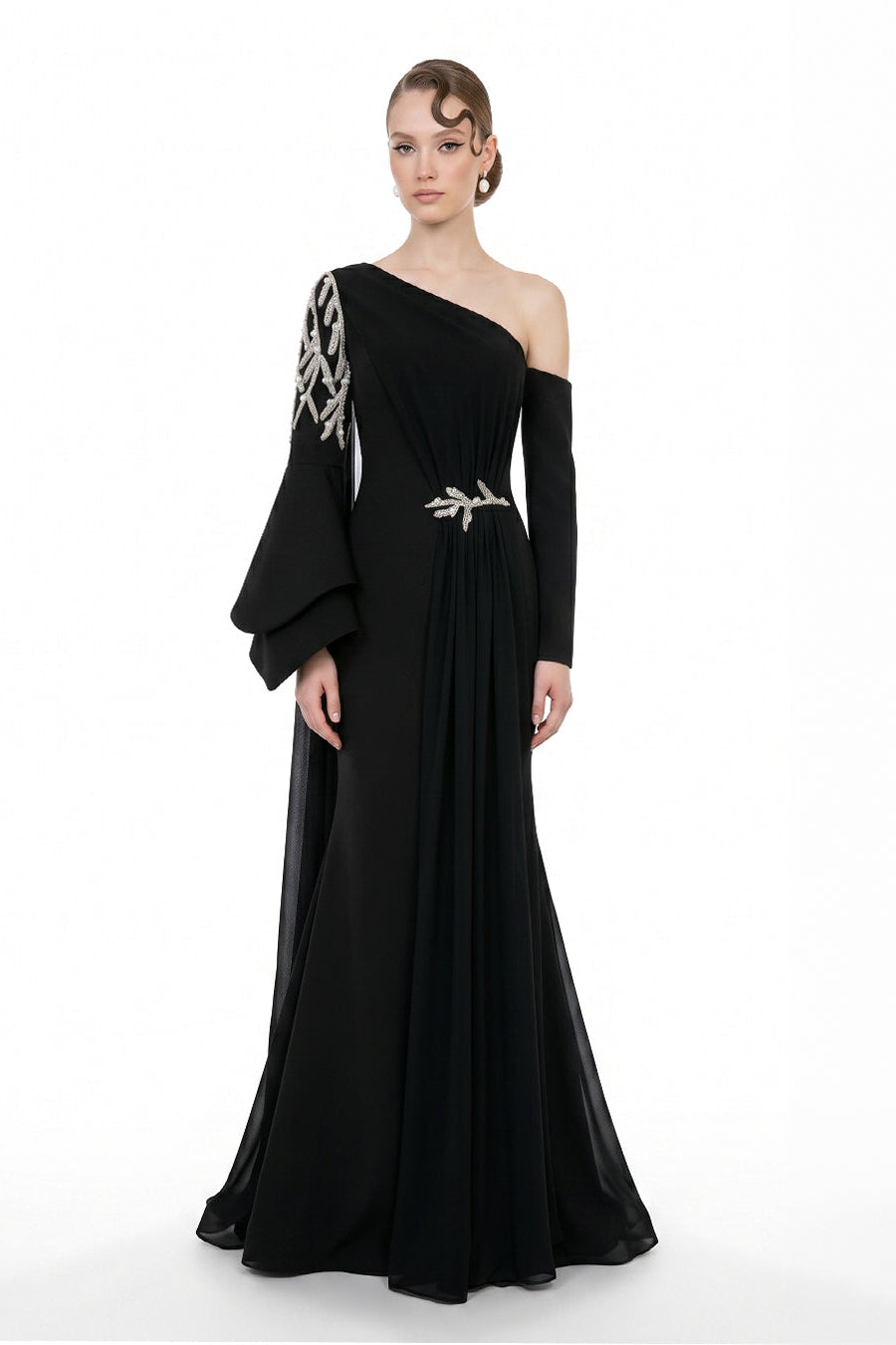 Li Beirut M1101 – One-Shoulder Column Gown with Cape & Gold Embroidery