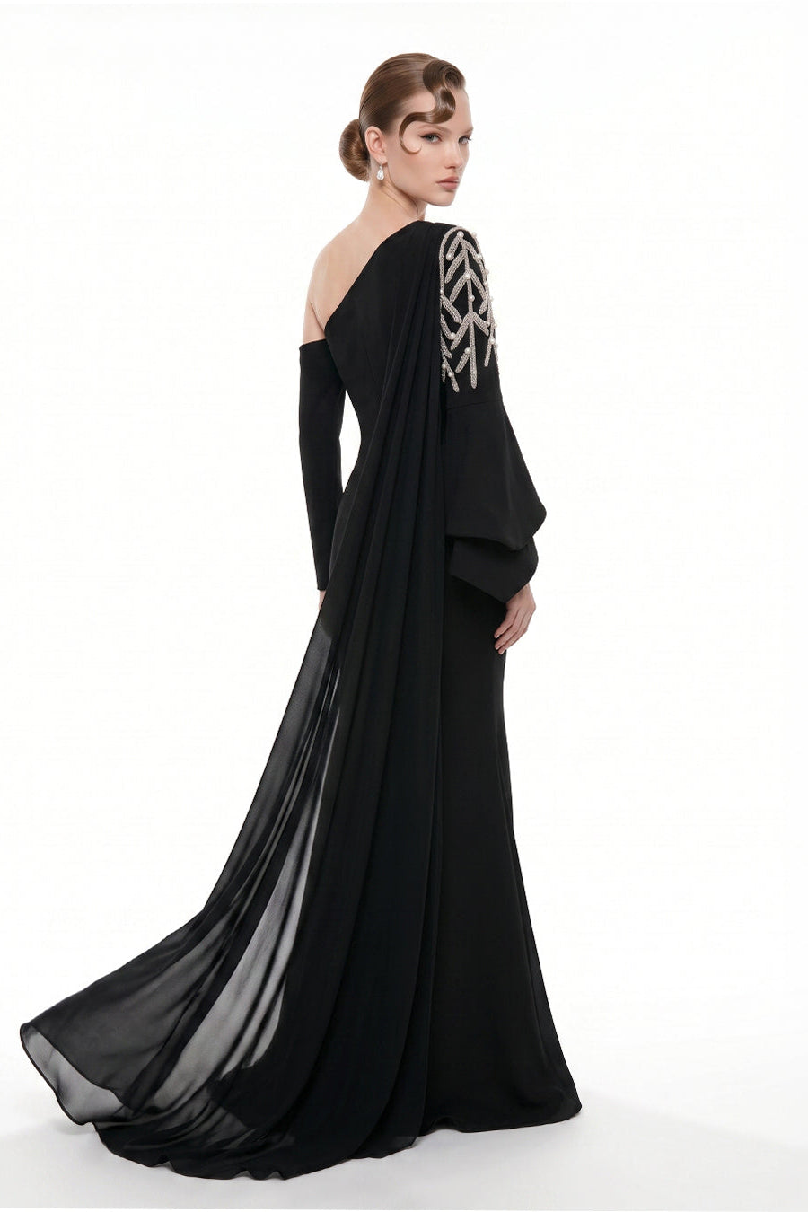 Li Beirut M1101 – One-Shoulder Column Gown with Cape & Gold Embroidery