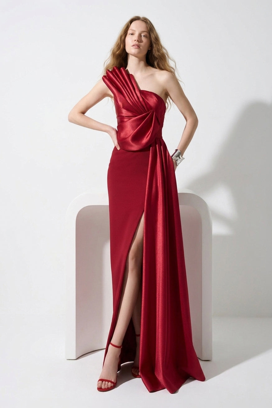 Li Beirut M1130 – One-Shoulder Draped Evening Gown with Slit | 4 Colors