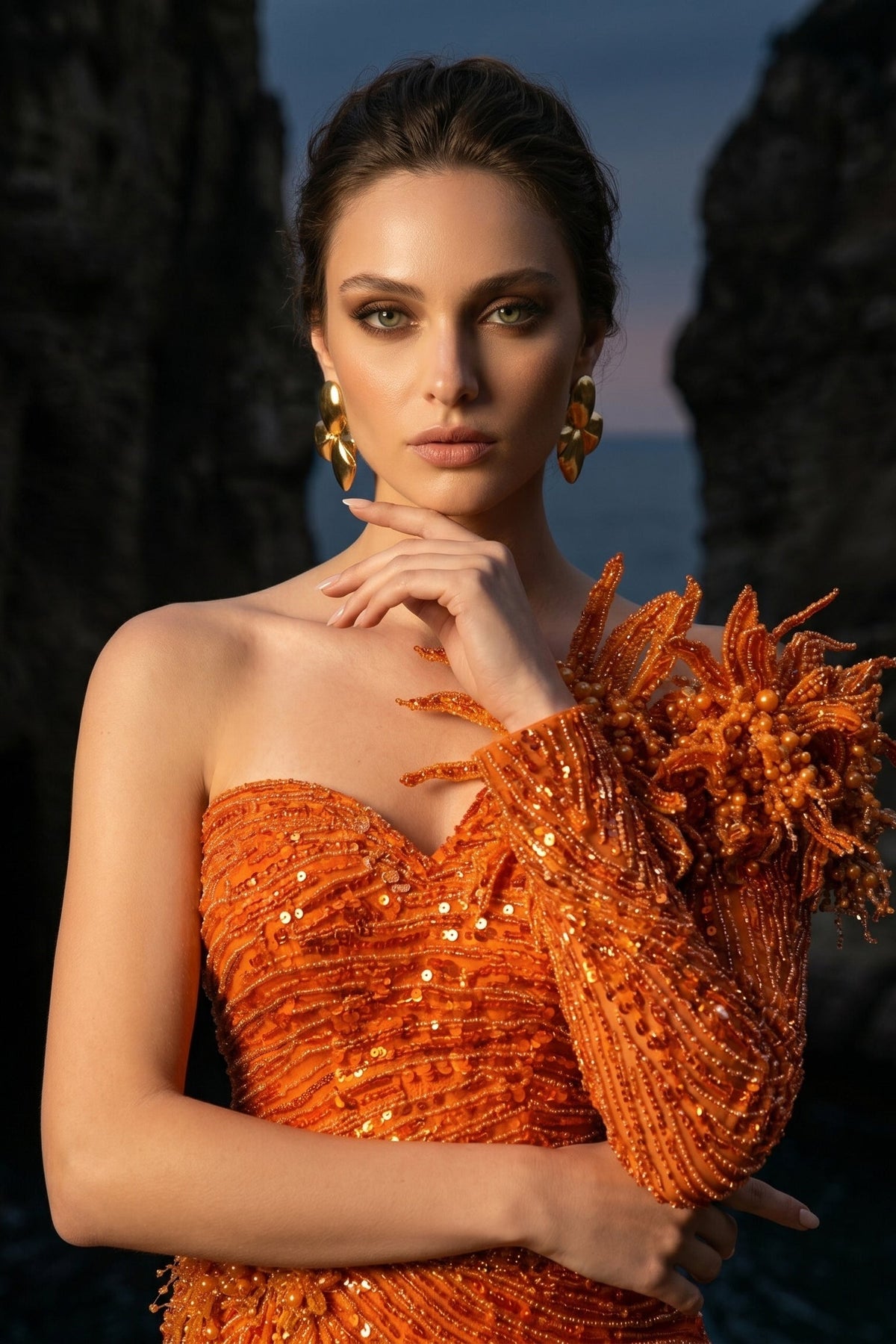 Li Beirut M1172 – One-Shoulder Orange Embellished Couture Evening Gown