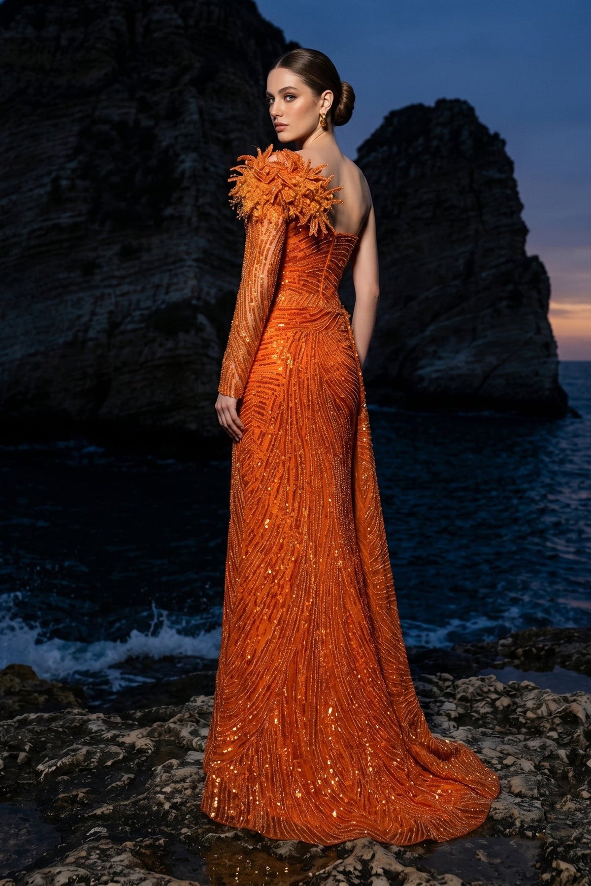 Li Beirut M1172 – One-Shoulder Orange Embellished Couture Evening Gown