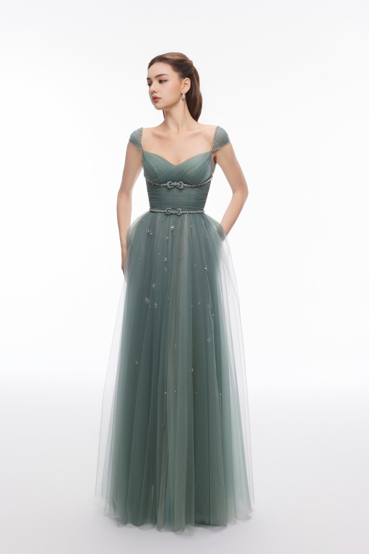 NEALA green floor-length A-line dress by Joséphine with cap sleeves and embellished bodice trim, front view
