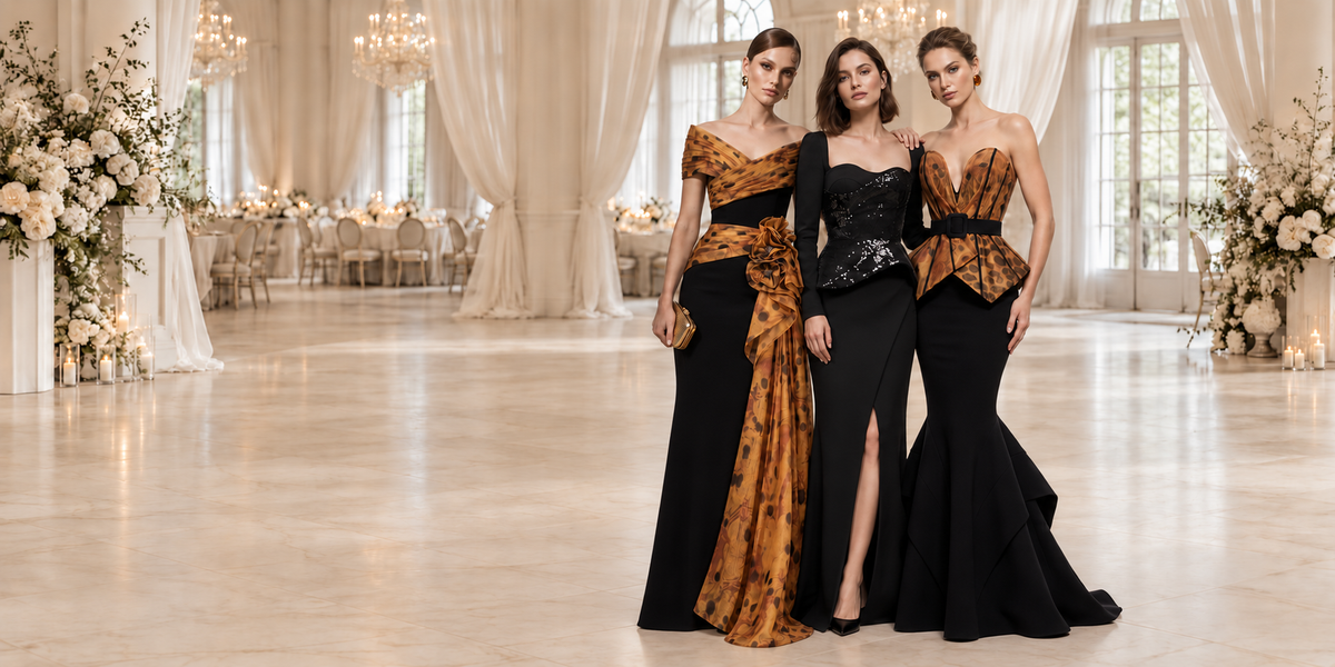 Three women together at a wedding wearing Fouad Sarkis F03043 black and gold, Elie The Label E0141 black, and Fouad Sarkis F03035 tiger evening gowns.