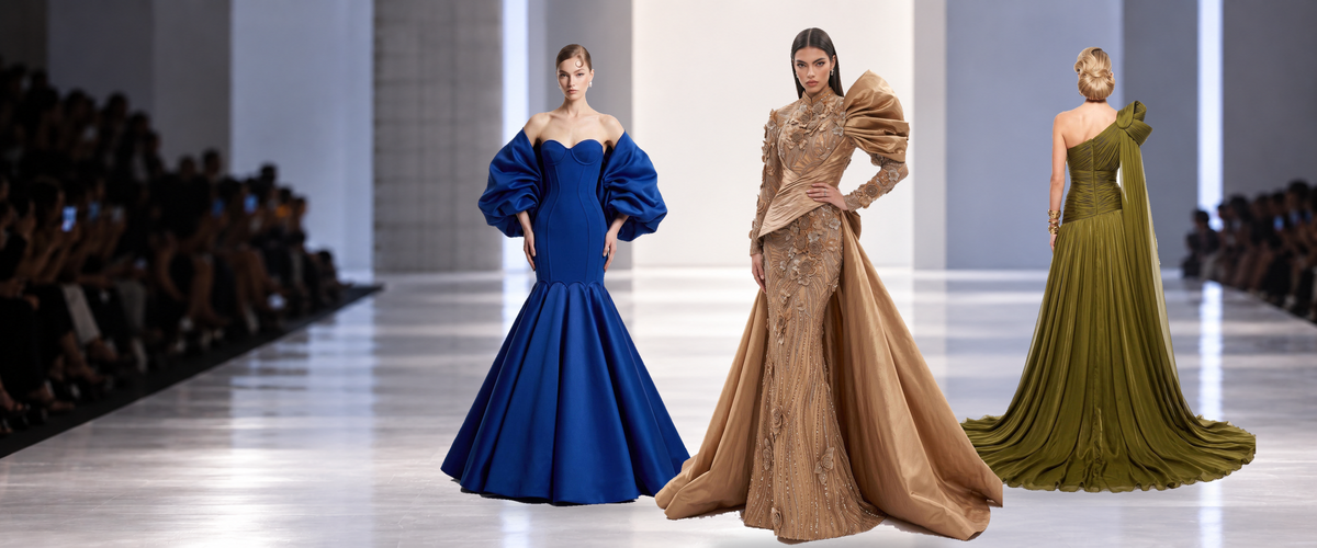 Runway-inspired editorial with original Li Beirut royal blue and Fouad Sarkis bronze-gold and olive gowns.