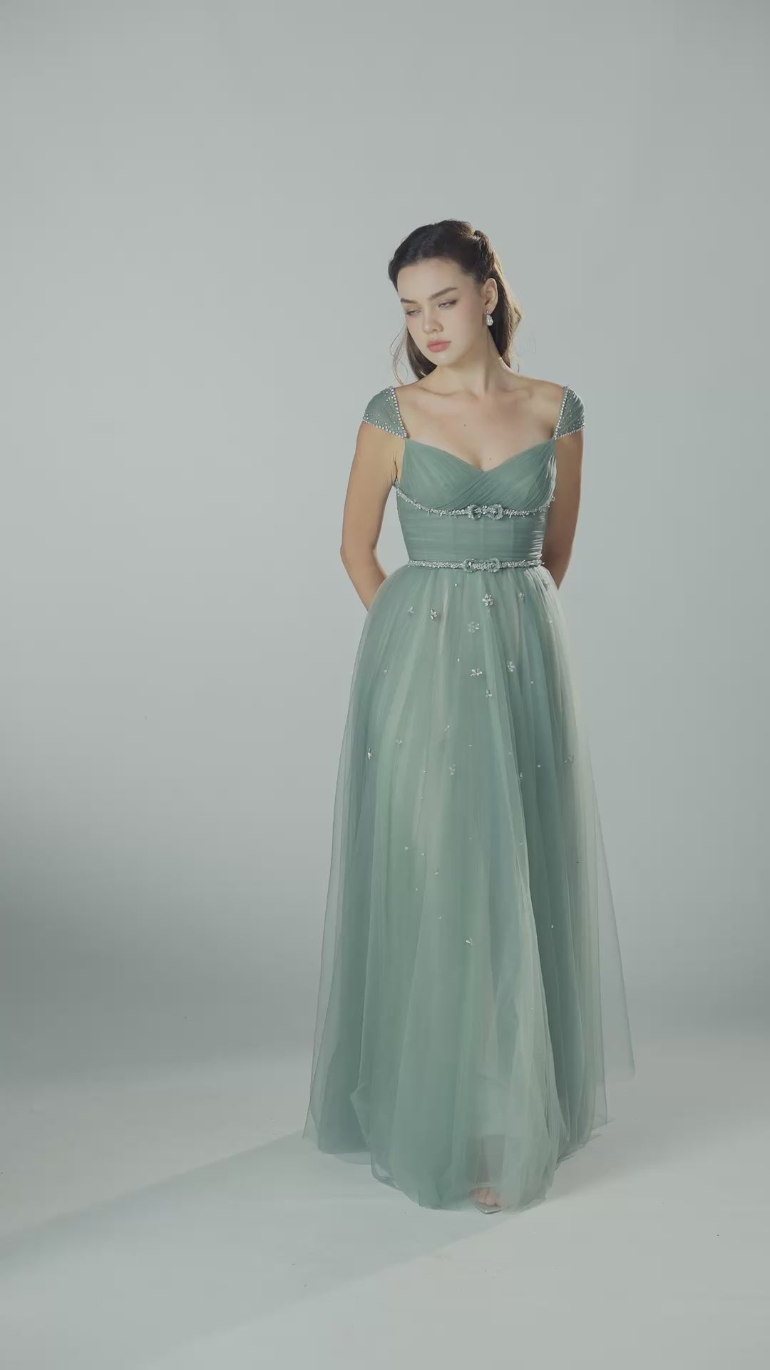 NEALA green gown by Joséphine, campaign video showing the silhouette and movement