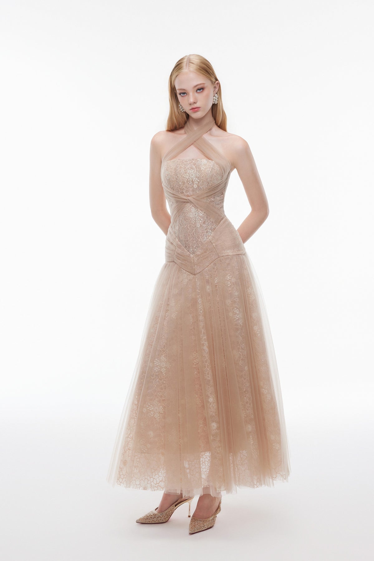 Joséphine SILVIA dress in Brown, full-length front view with crossed halter neckline and floral detail.