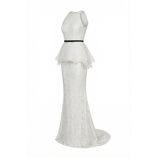 Ory Set – Lace Peplum Column Gown with Bow Belt
