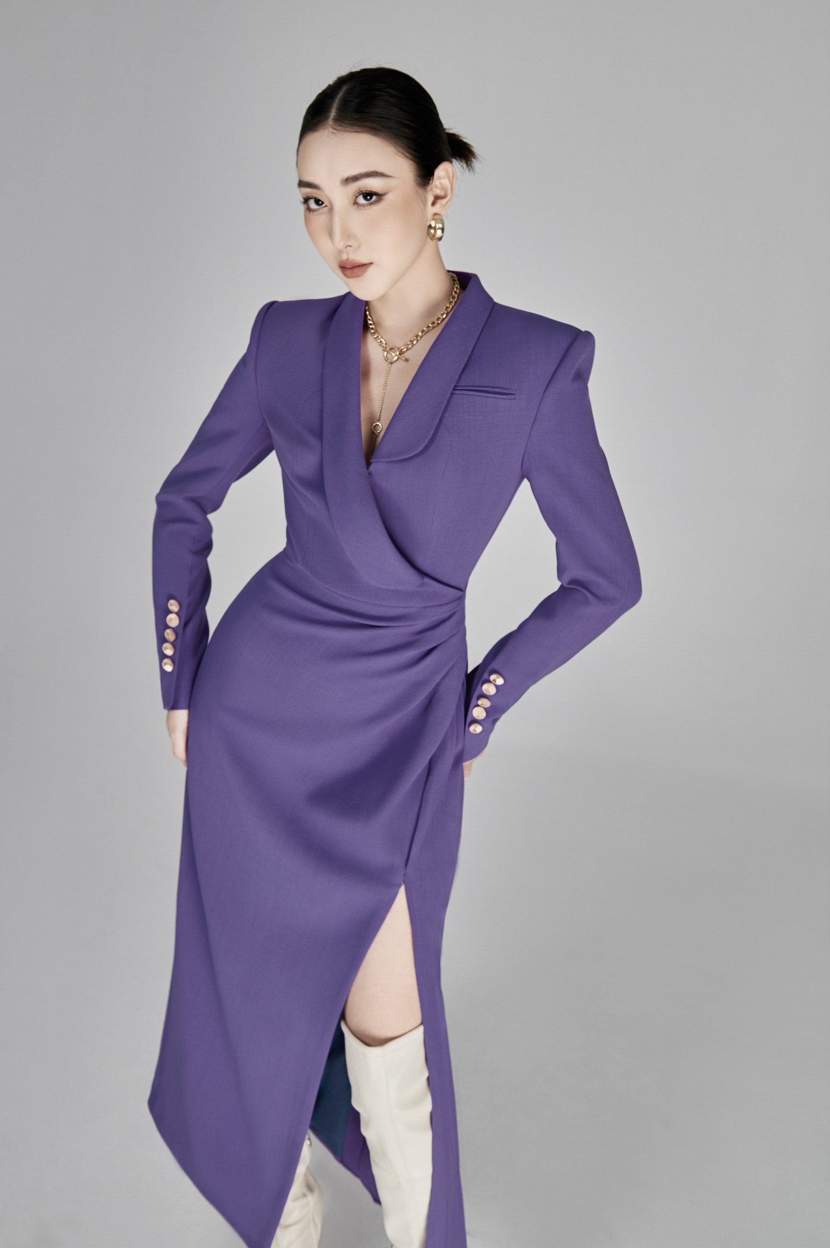 Vechery Asymmetrical Collar Dress - Eggplant Purple Linen XXS